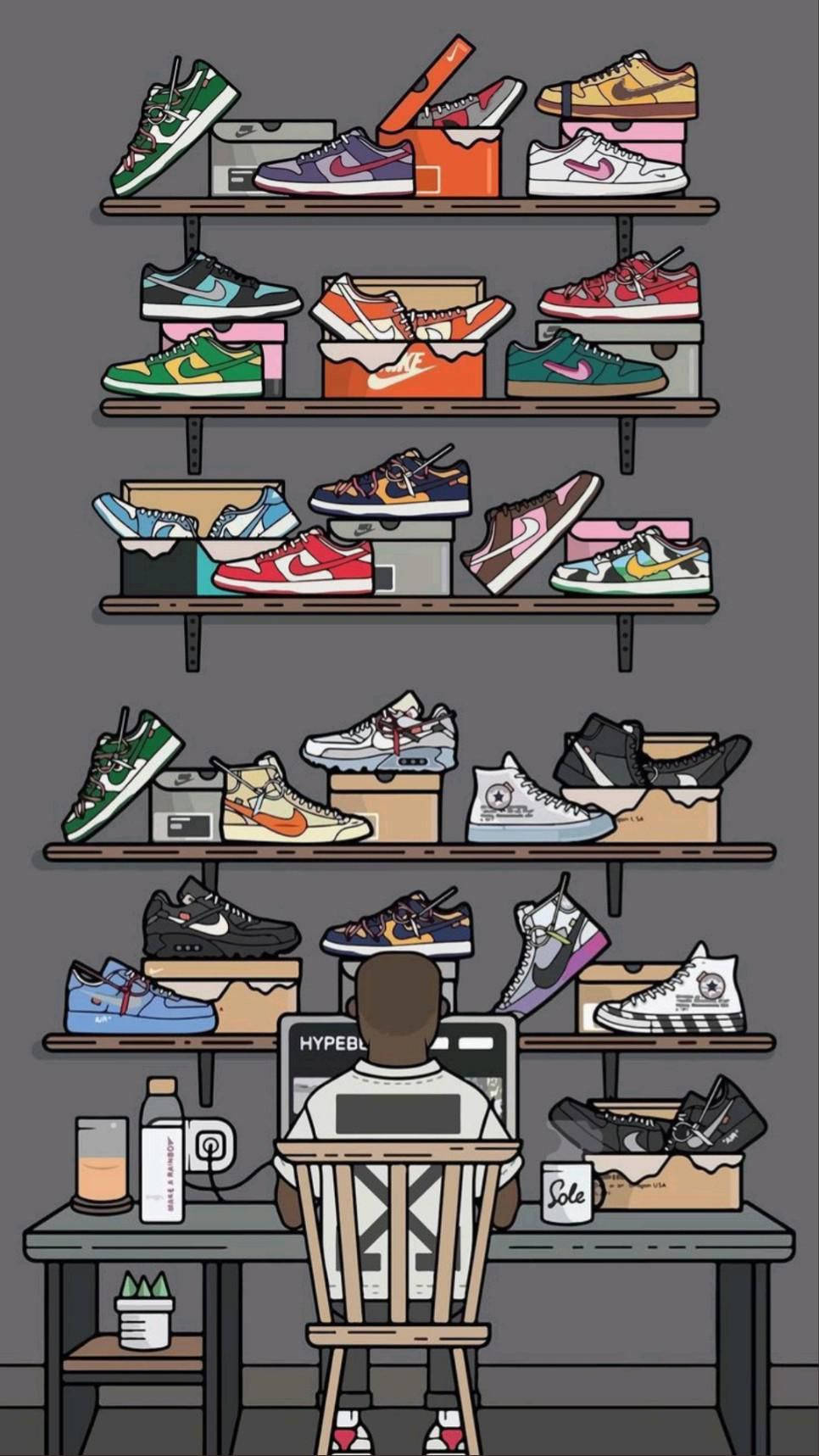 Beautiful Cartoon Sneakers Shelf Collector Illustration Wallpaper