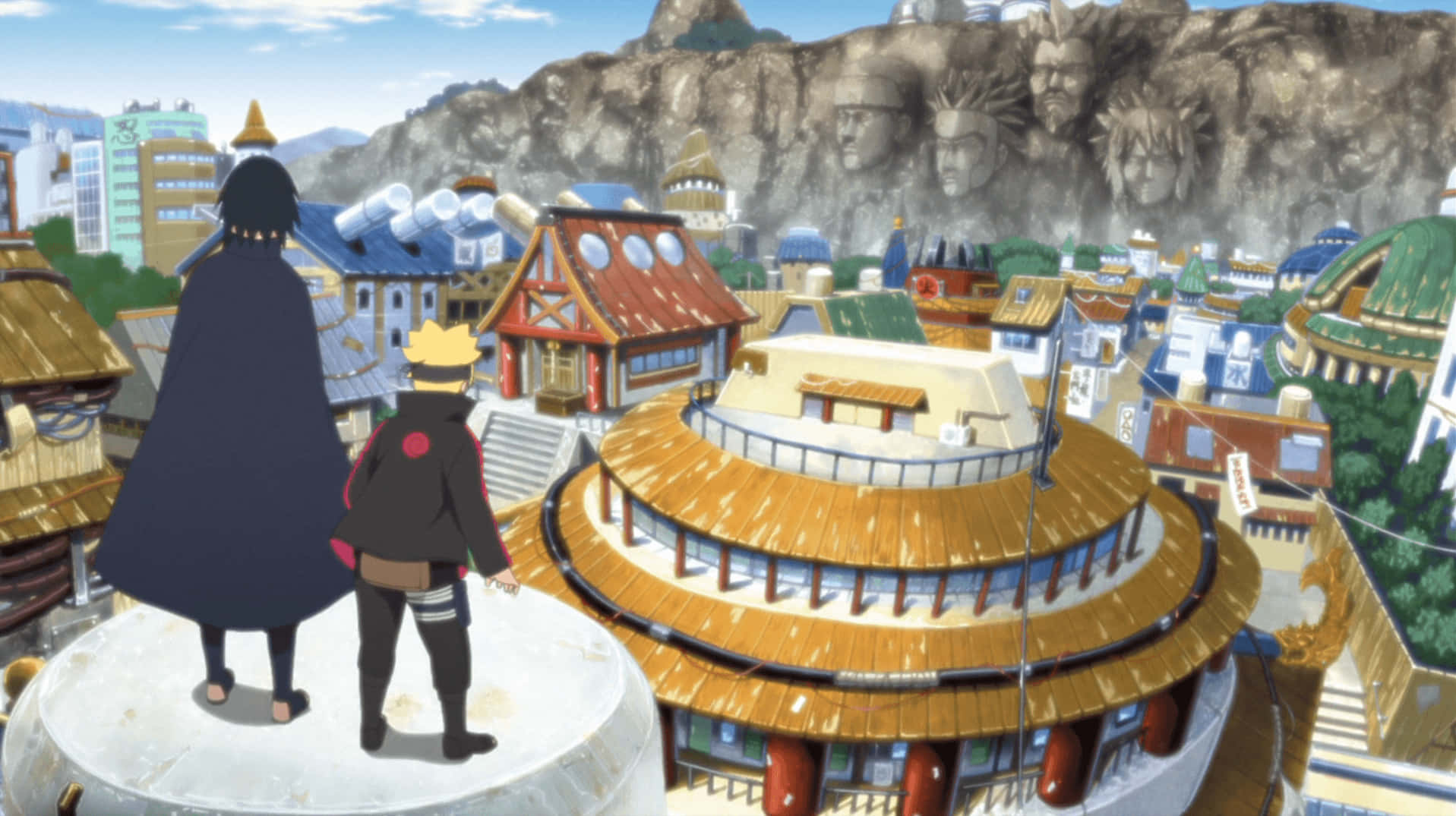 Beautiful Uchiha Sasuke And Uzumaki Boruto Konoha Village Background Image