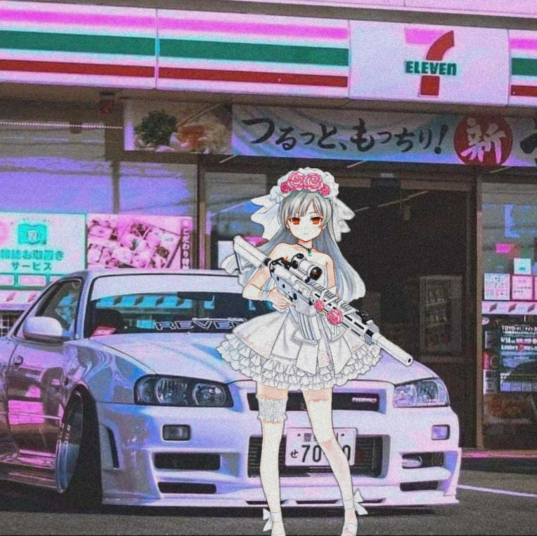 Captivating GT R Anime Girl Holding A Rifle JDM Anime Wallpaper