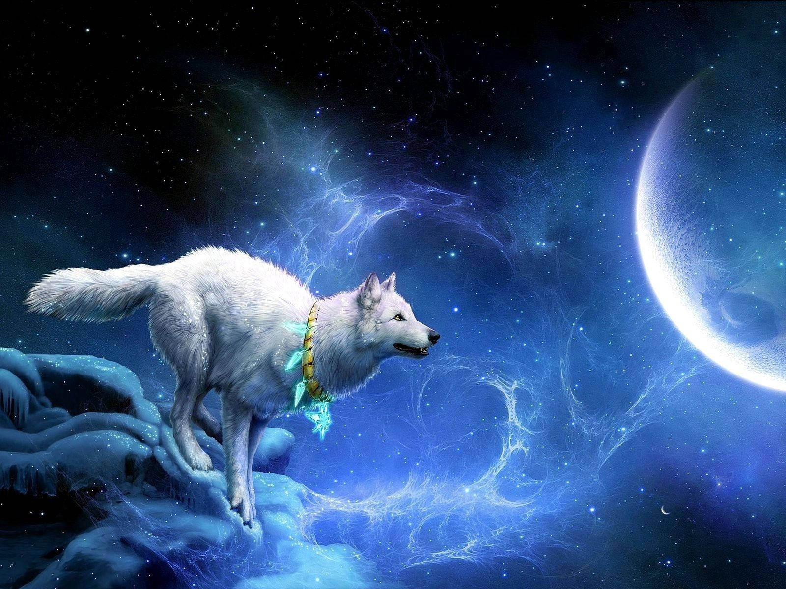 Dynamic A majestic white wolf howling at a full moon. Screen Background