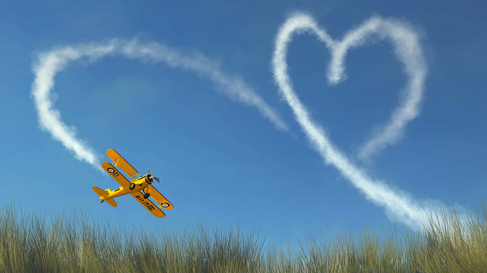 Dynamic Vintage Biplane Skywriting A Heart Over A Grassy Field Background