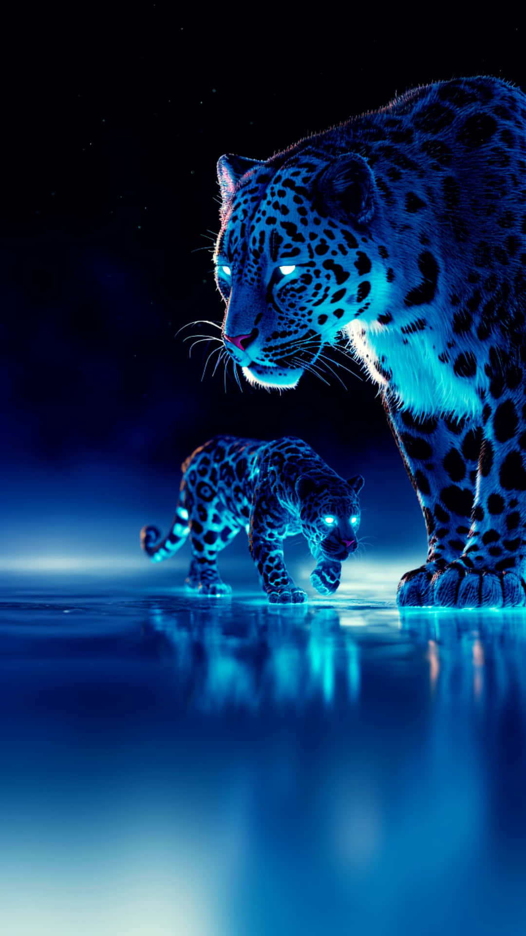Elegant A Majestic Glowing Blue Jaguar And Its Cub Walk Across A Reflective, Dark Blue Surface HD Wallpaper