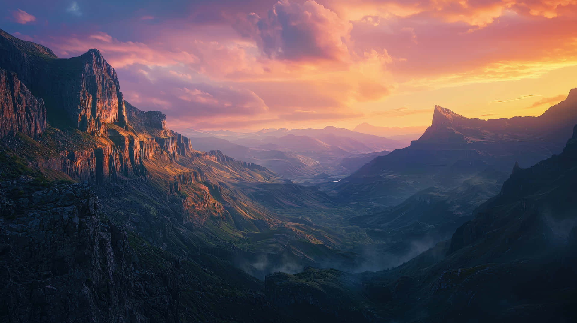 Epic Majestic Mountain Valley With Dramatic Cliffs At Sunset Glow Desktop Background