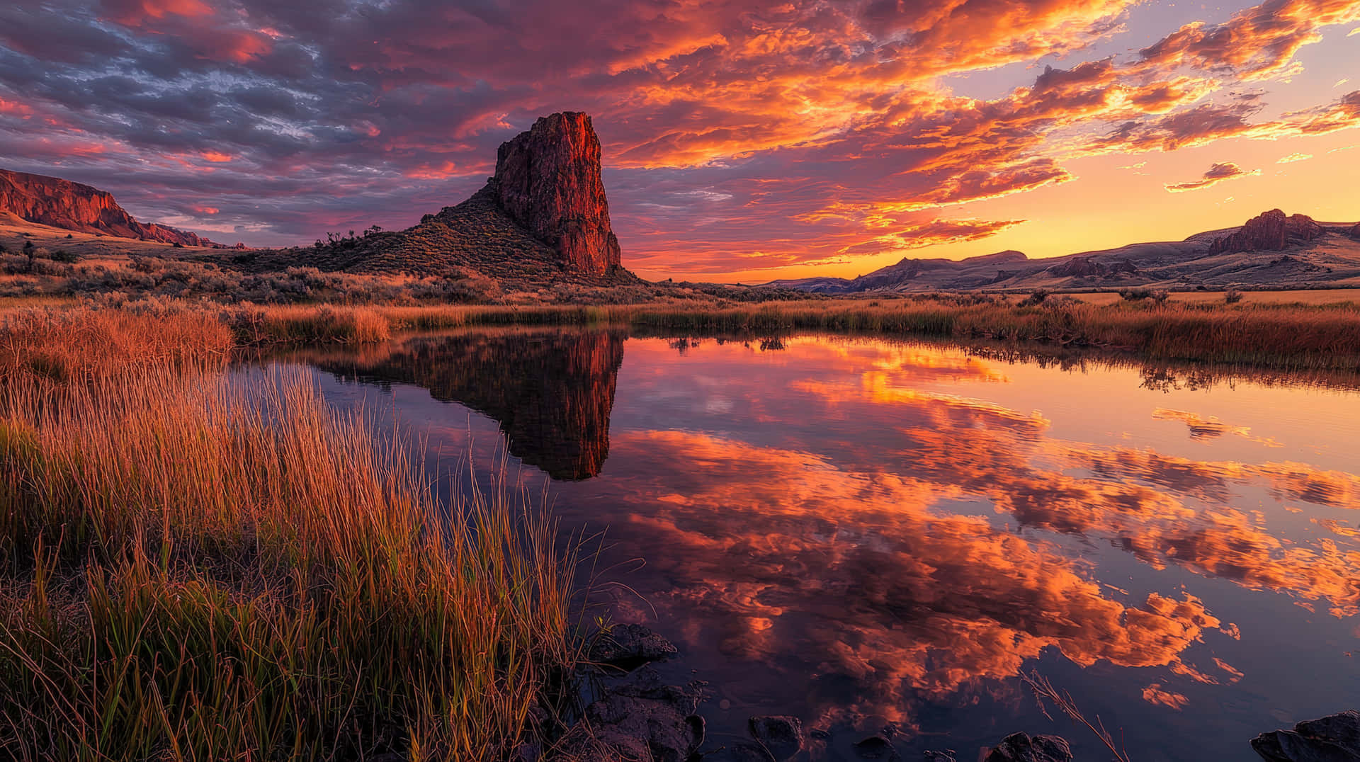 High-Quality A Calm Lake Reflects The Vivid Colors Of A Sunset Sky, Surrounded By Rugged Mountains And Lush Grass Digital Art