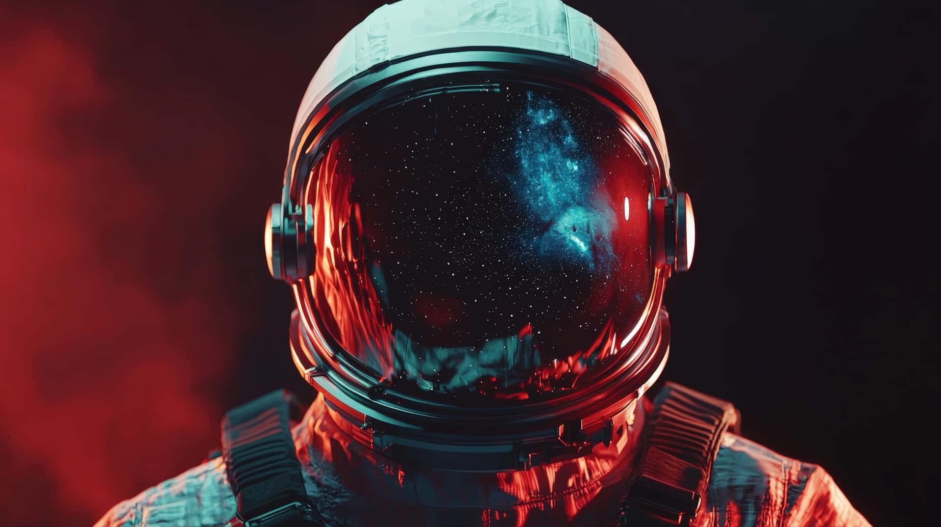 Modern Astronaut Helmet Reflecting Deep Space Galaxy Background