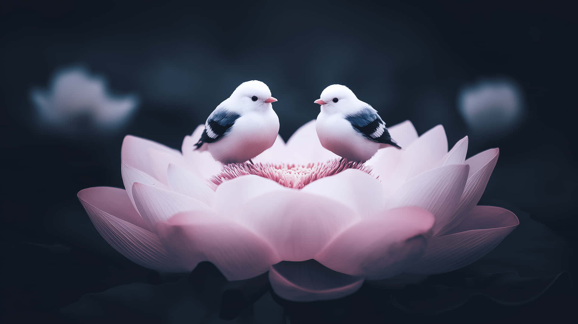 Perfect Charming Small Birds On A Soft Pink Lotus Flower Wall Art