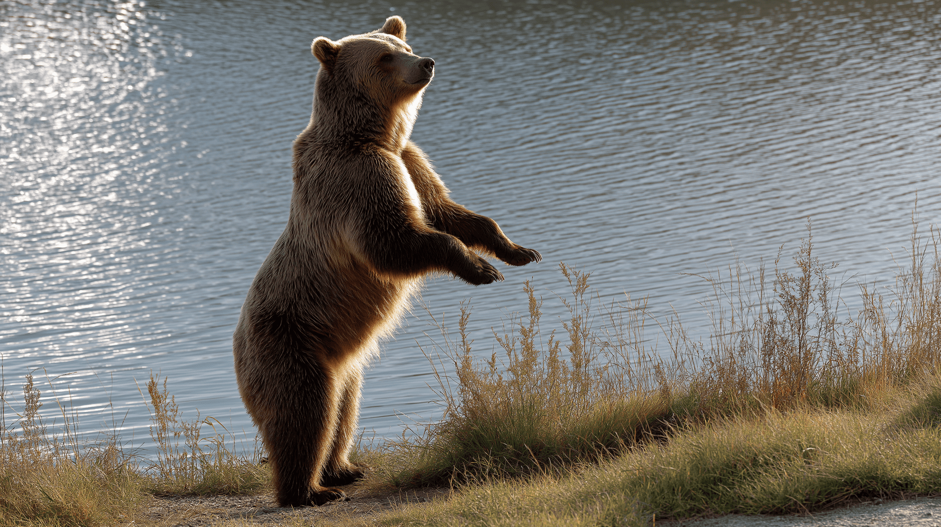 Stylish Grizzly By River Desktop Background
